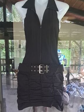 Black Halter Zip-Front Ruched Mini Dress with Belt